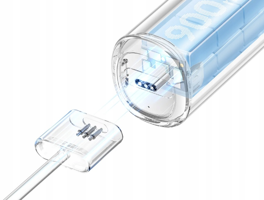 Przezroczysta wtyczka z trzema pinami wsuwana do szklanej rurki z niebieskimi diodami.