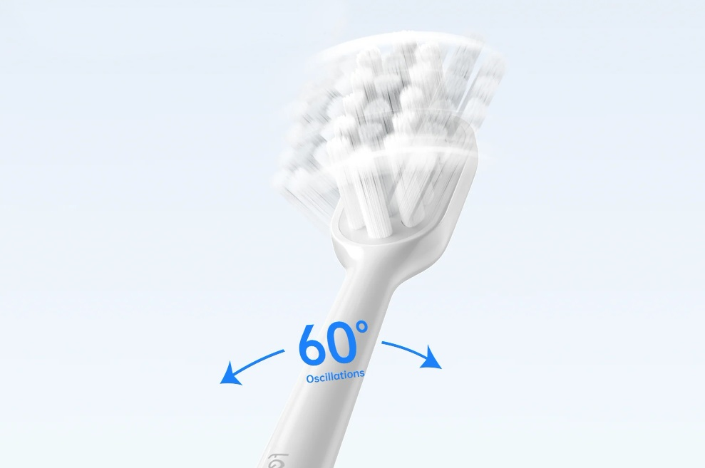 Biała szczoteczka do zębów z oscylującą główką, pokazująca 60 stopni.