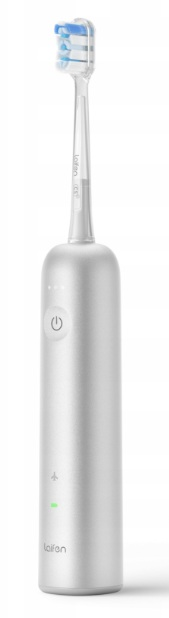 Srebrna szczoteczka elektryczna z białym uchwytem i niebieskim włosiem.