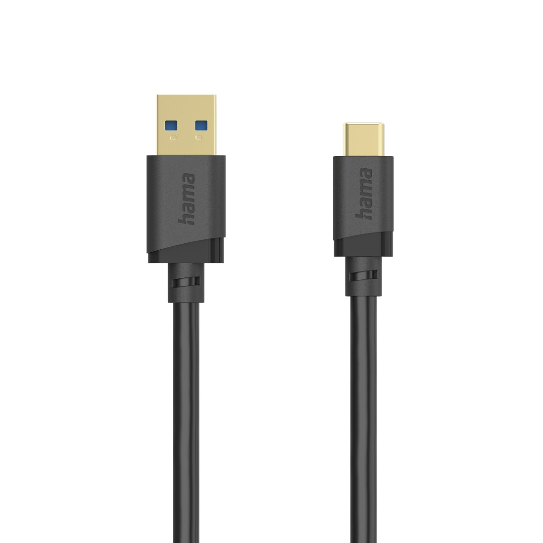Zwei schwarze Hama-Kabel mit unterschiedlichen Anschlüssen auf weißem Hintergrund.