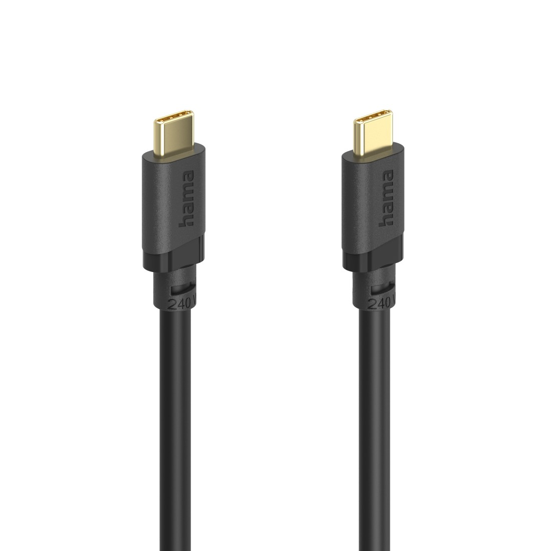 Zwei schwarze USB-C-Kabel mit goldenen Steckern, auf weißem Hintergrund.