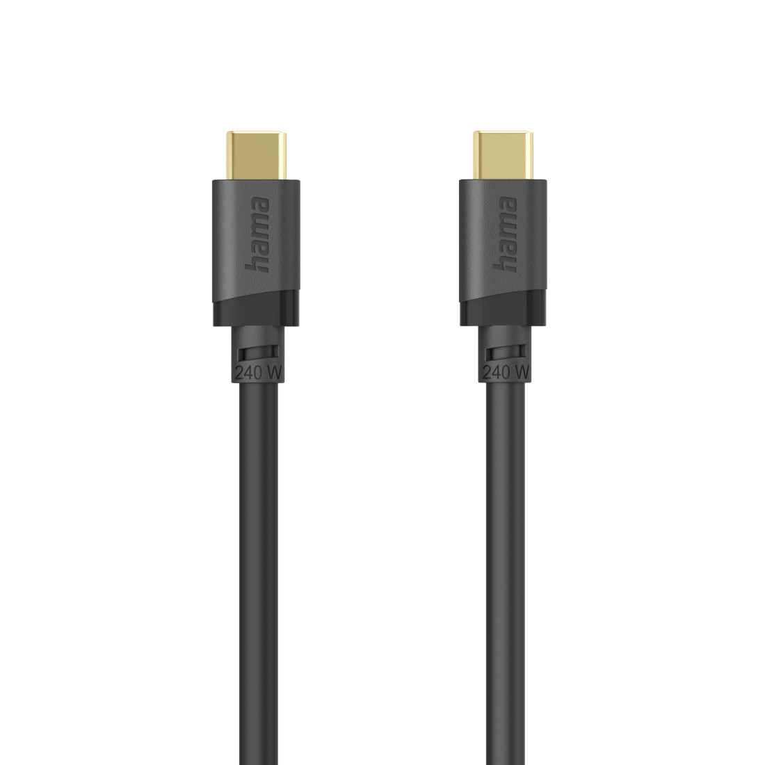 Zwei schwarze USB-C-Kabel mit goldenen Anschlüssen und der Aufschrift "hama 240 W".