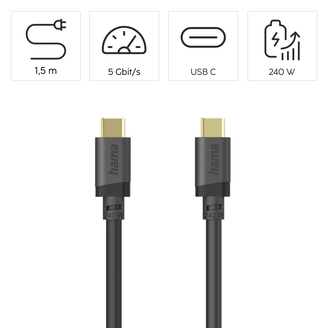 Zwei schwarze USB-C-Kabel mit goldenen Anschlüssen und Hama-Logo.