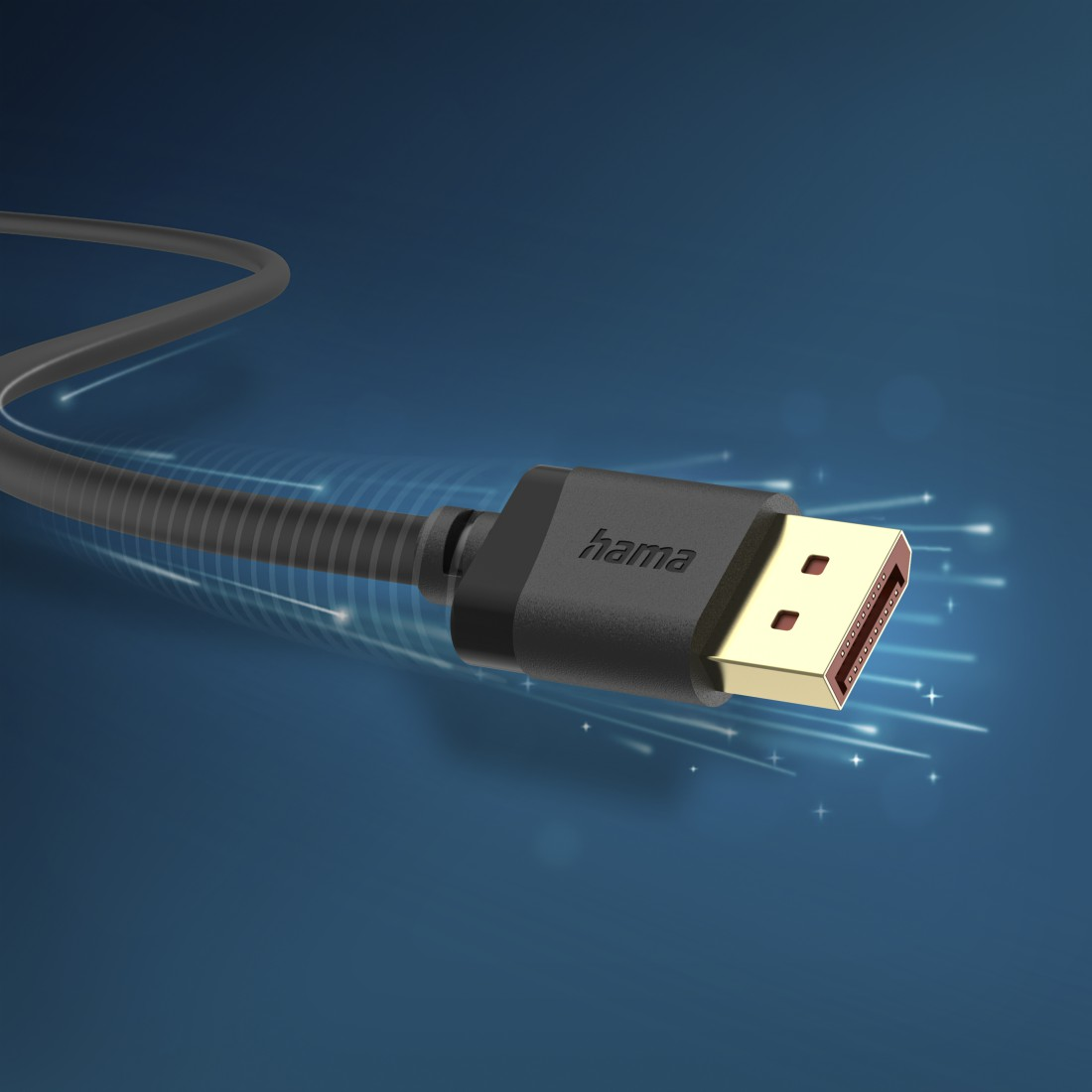 Ein schwarzes Hama-Kabel mit goldenem Stecker auf blauem Hintergrund.