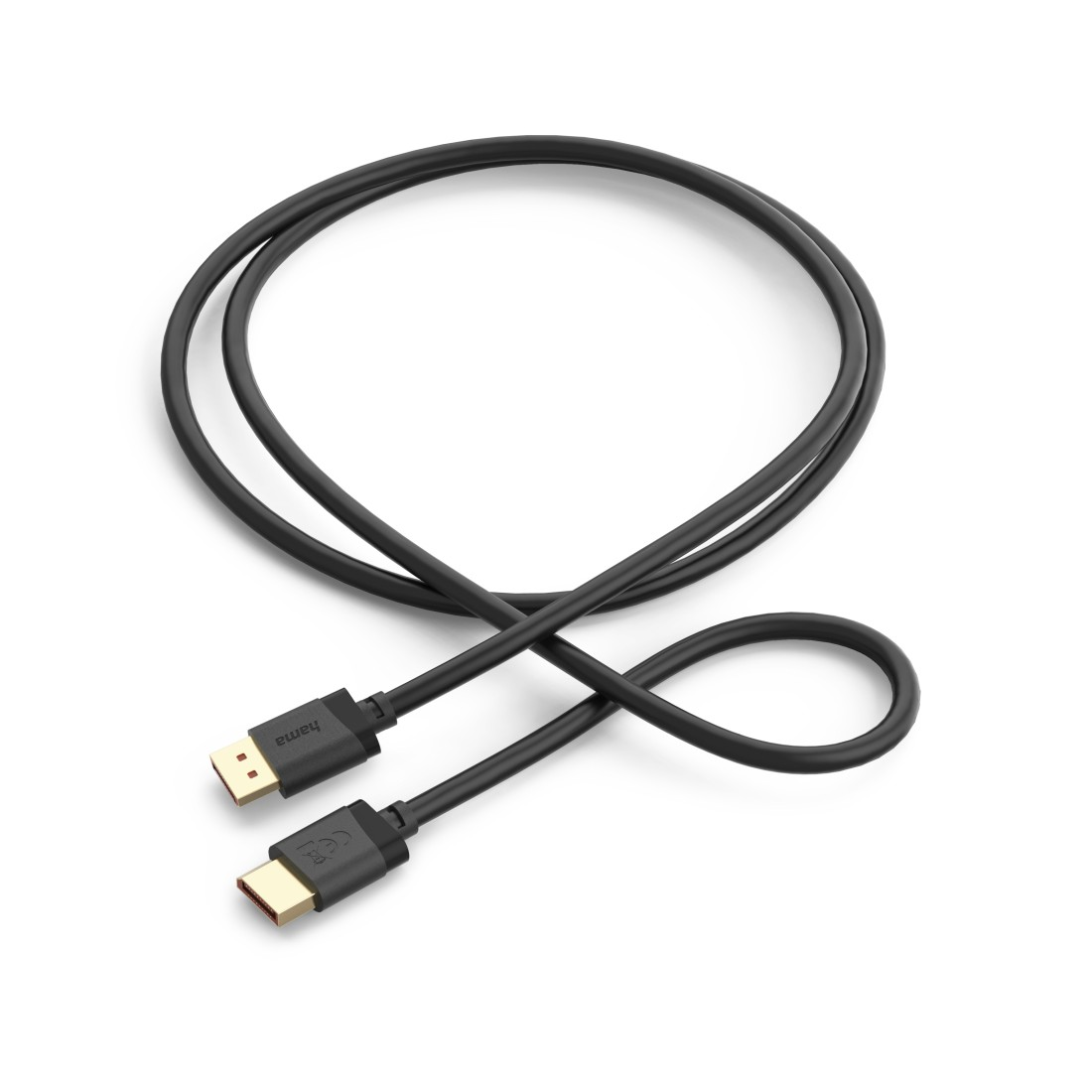 Ein schwarzes USB-C-Kabel mit Hama-Logo und CE-Zeichen liegt auf weißem Grund.