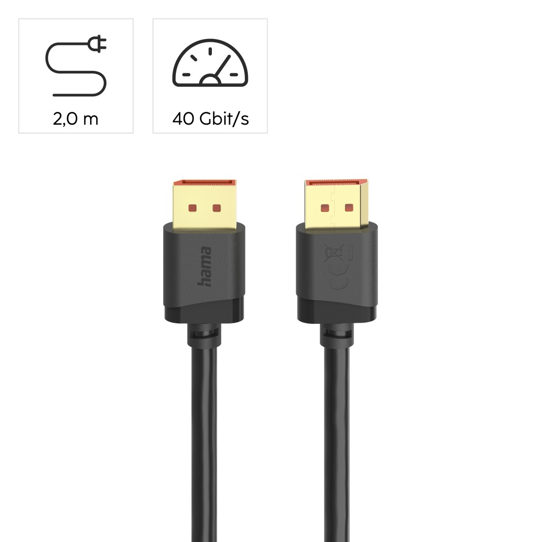 Zwei schwarze Kabel mit goldenen Anschlüssen, 2,0 m und 40 Gbit/s.
