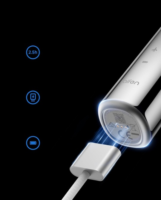 Srebrna ładowarka łączy się z białym urządzeniem. Ikony pokazują 2,5h, 300 i baterię.