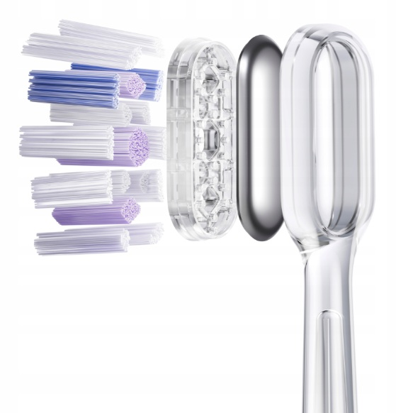 Widok rozstrzelony szczoteczki do zębów, pokazujący przezroczyste części i włosie.