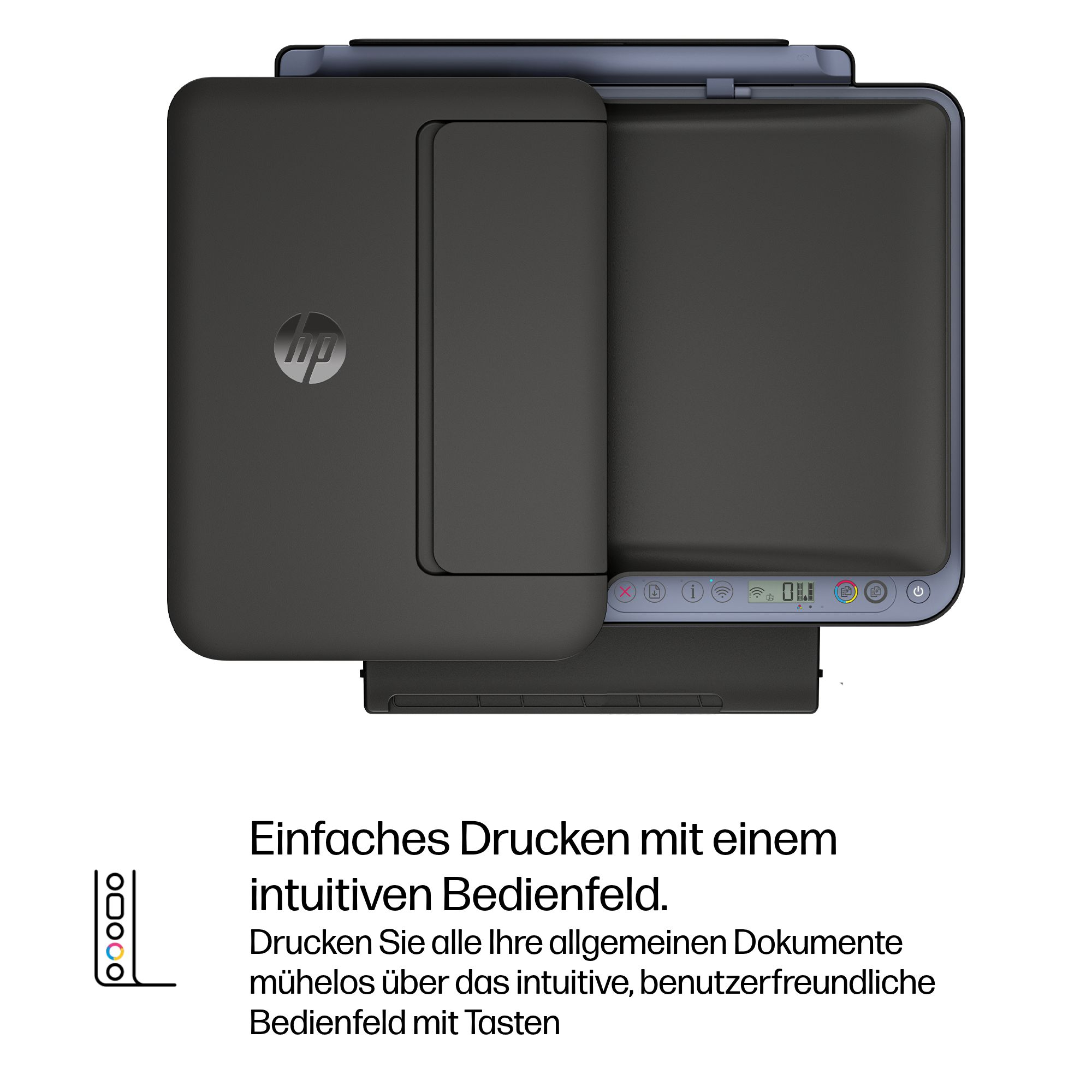 Ein schwarzer HP Drucker mit Bedienfeld und Symbolen.