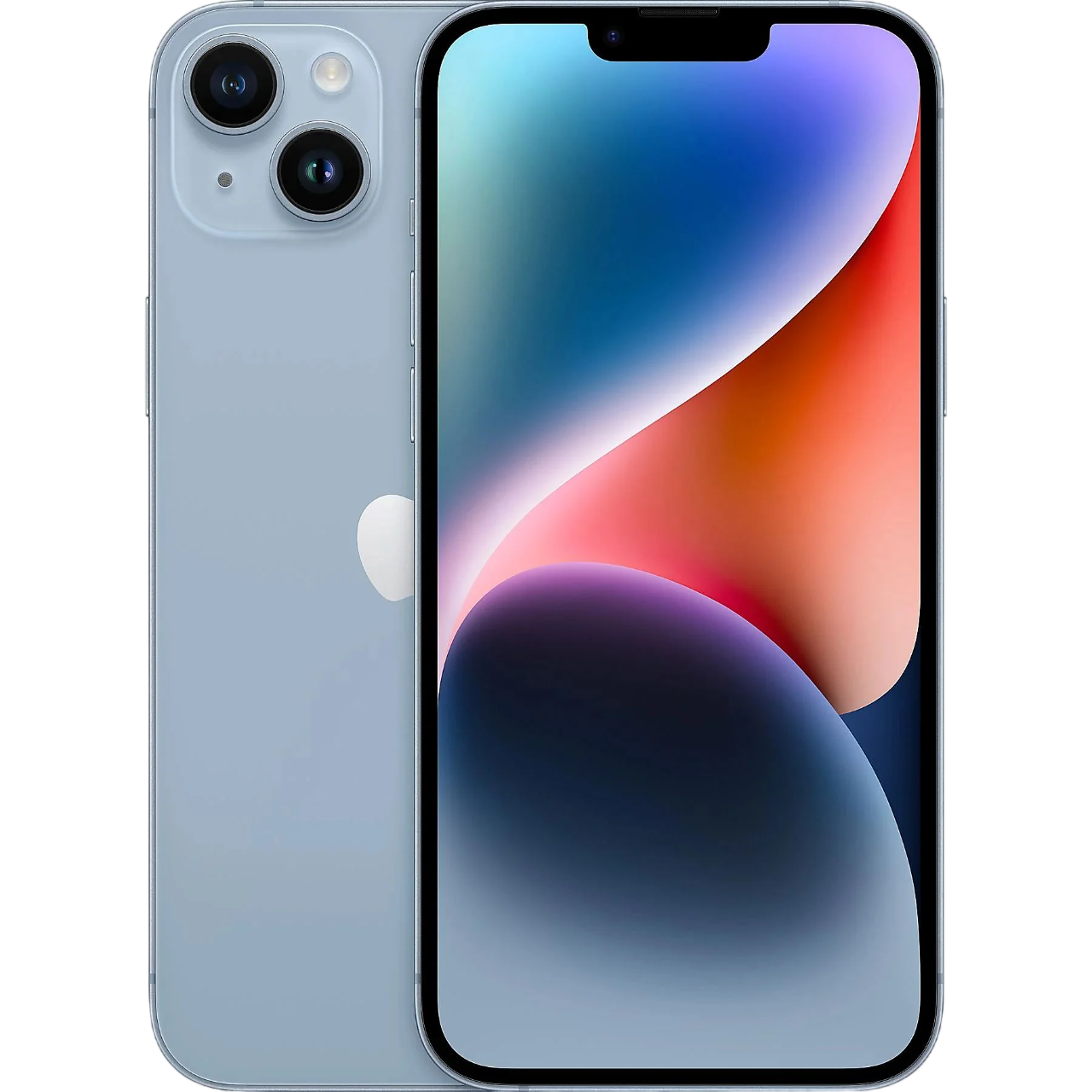 Arkada iki kamerası ve renkli duvar kağıdı olan açık mavi bir iPhone.