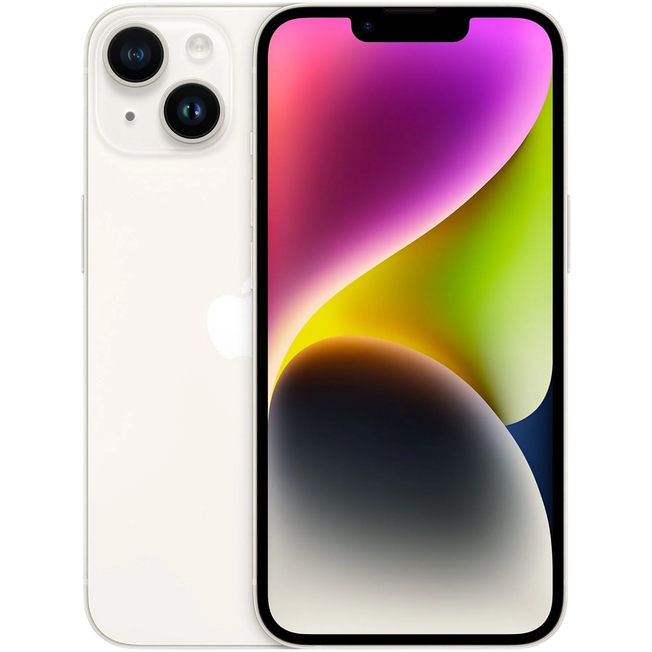 Arkada çift kameralı, renkli ekranlı beyaz iPhone.