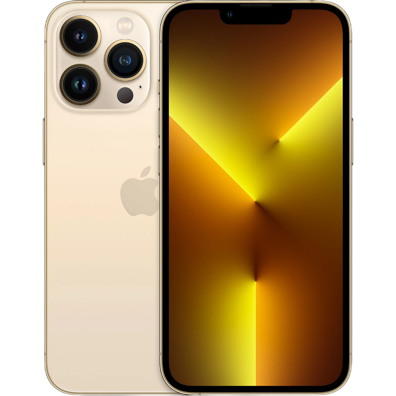 Üç kameralı altın rengi iPhone 13 Pro ve Apple logosu.
