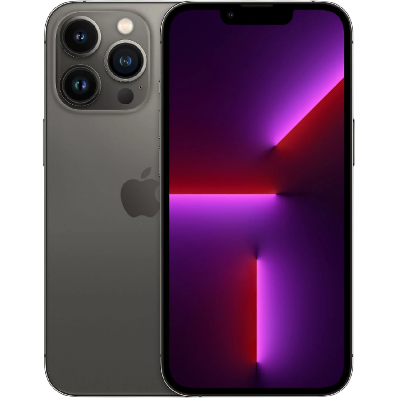 Üç kameralı gri iPhone, parlak mor/kırmızı ekran arka planına sahip.