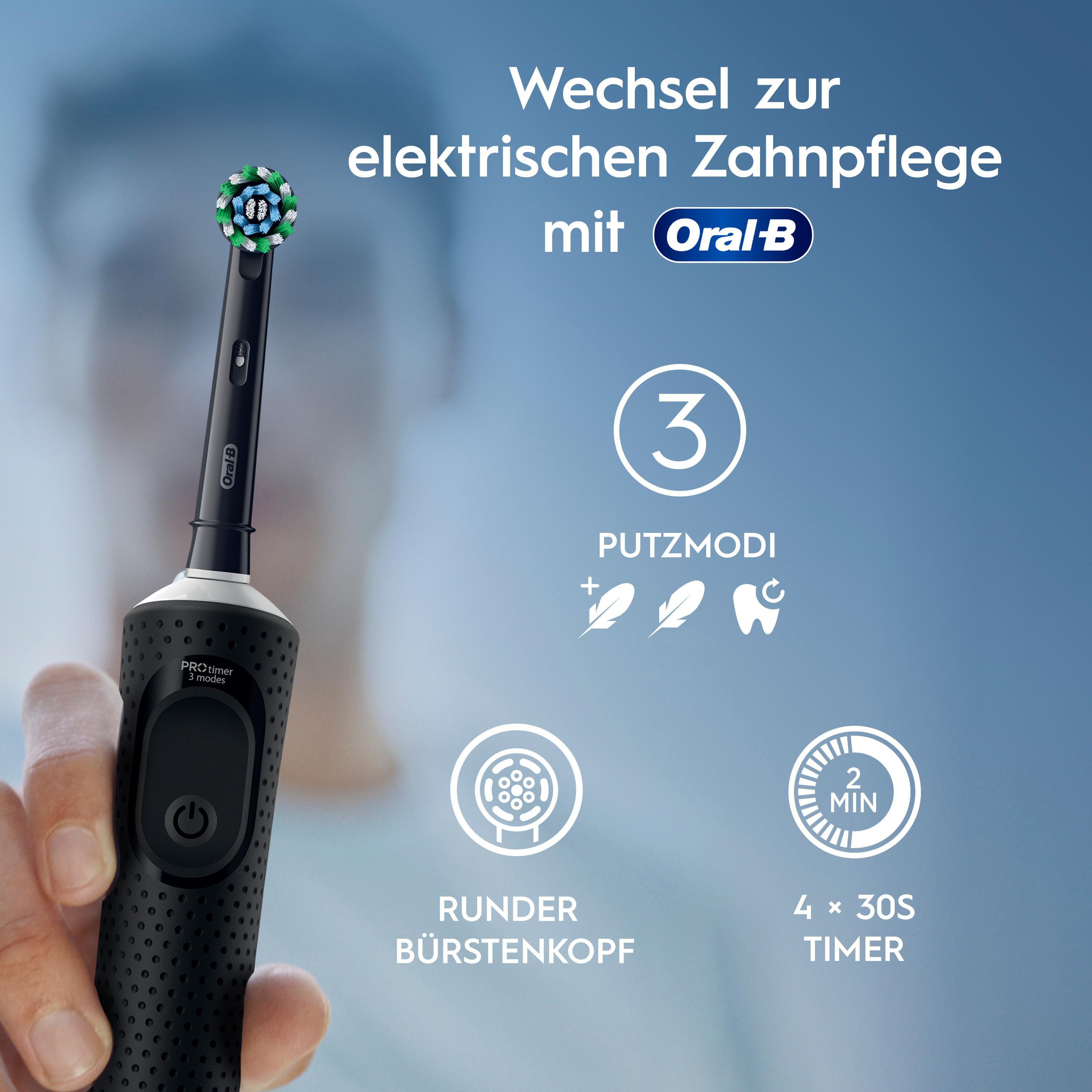 Schwarze Oral-B Zahnbürste mit 3 Putzmodi, rundem Bürstenkopf & 2-Minuten-Timer.