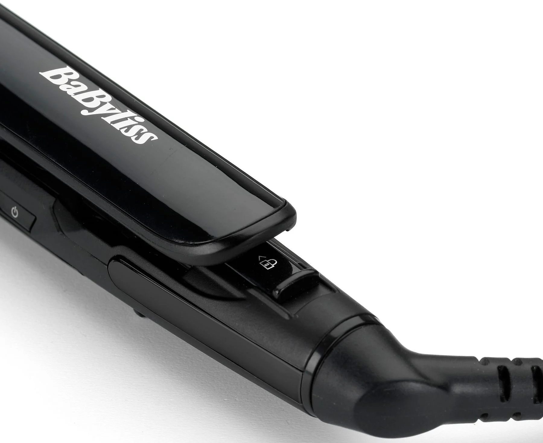 Schwarzer Haarglätter mit Babyliss-Logo und Verriegelungssymbol.