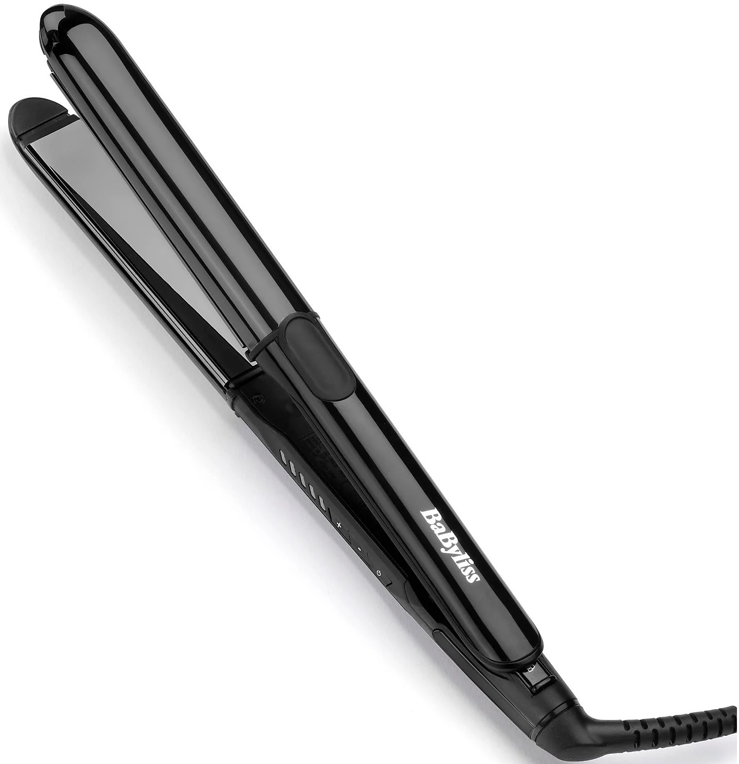 Ein schwarzes Glätteisen mit polierten Heizplatten und dem Babyliss-Logo.