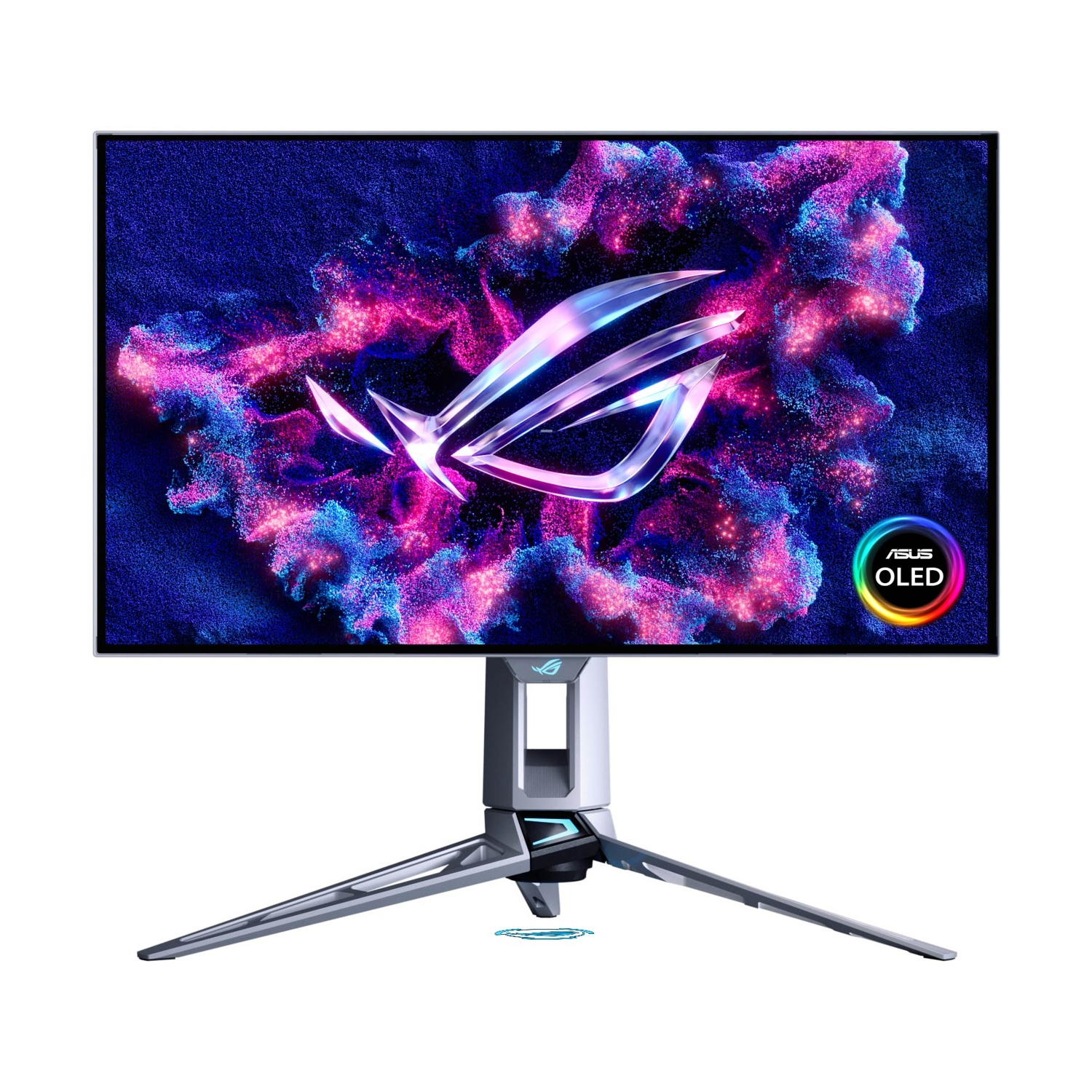 Un monitor da gaming mostra un logo stilizzato su uno sfondo astratto e colorato.