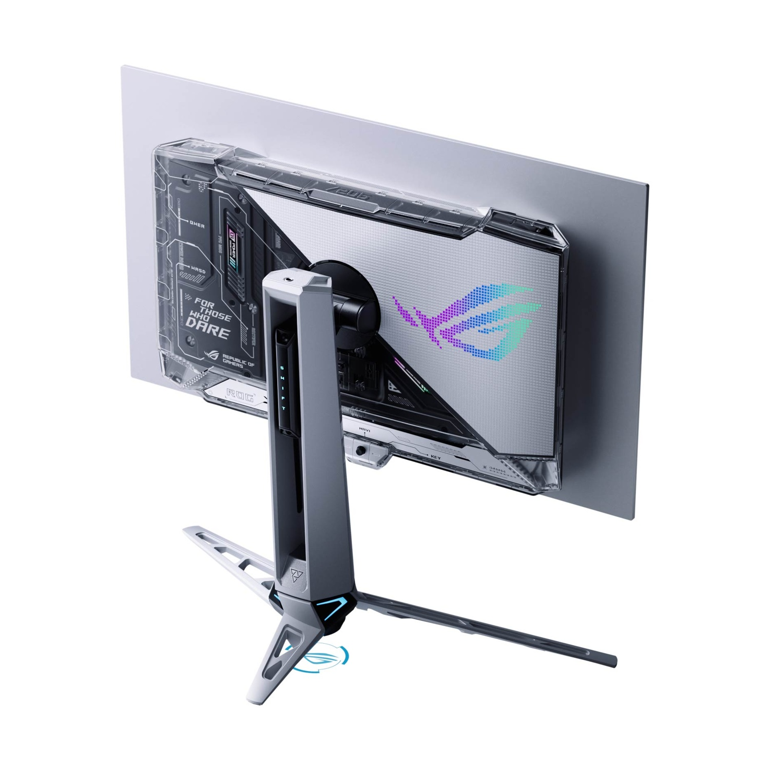 Retro di un monitor da gioco con custodia trasparente e logo ROG.