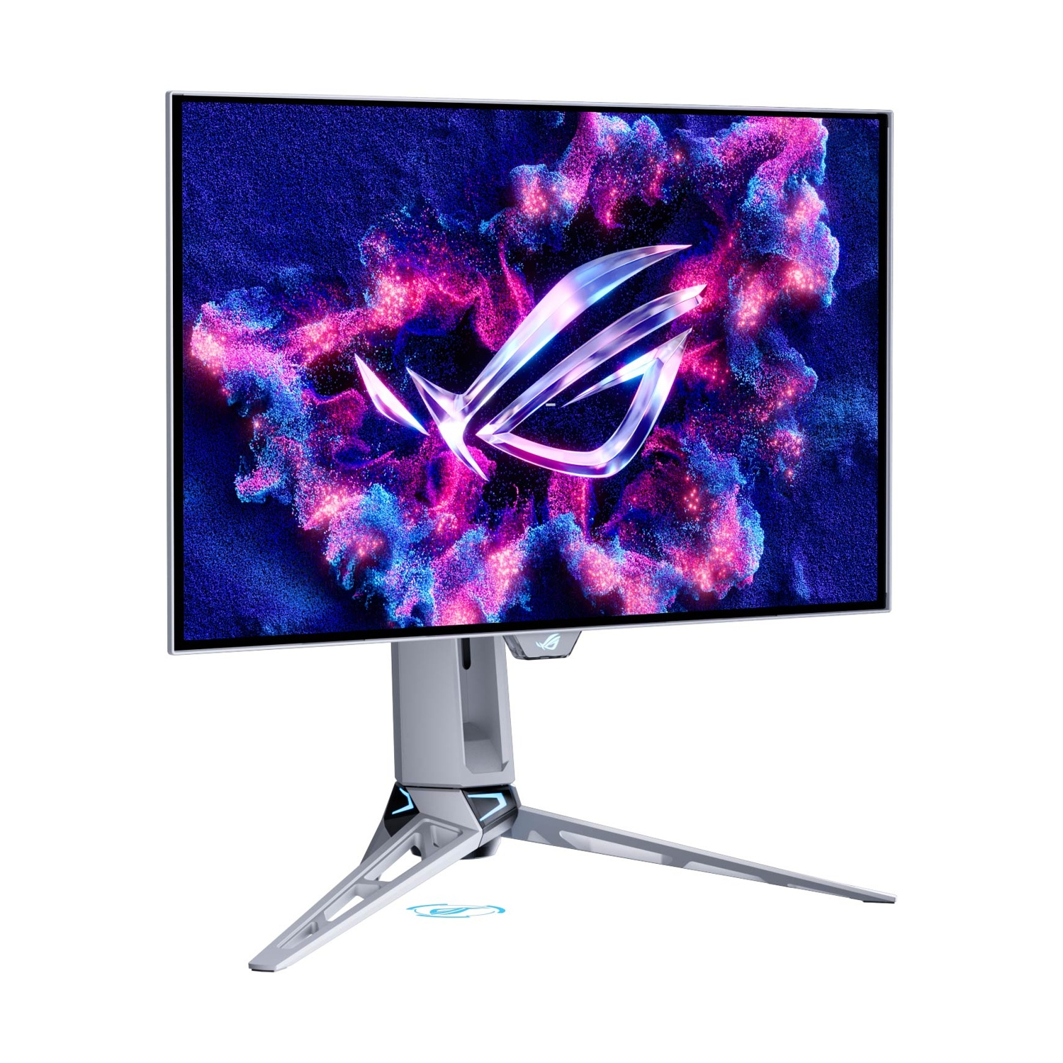 Un monitor da gaming mostra un logo ROG su uno sfondo astratto di particelle blu e rosa.