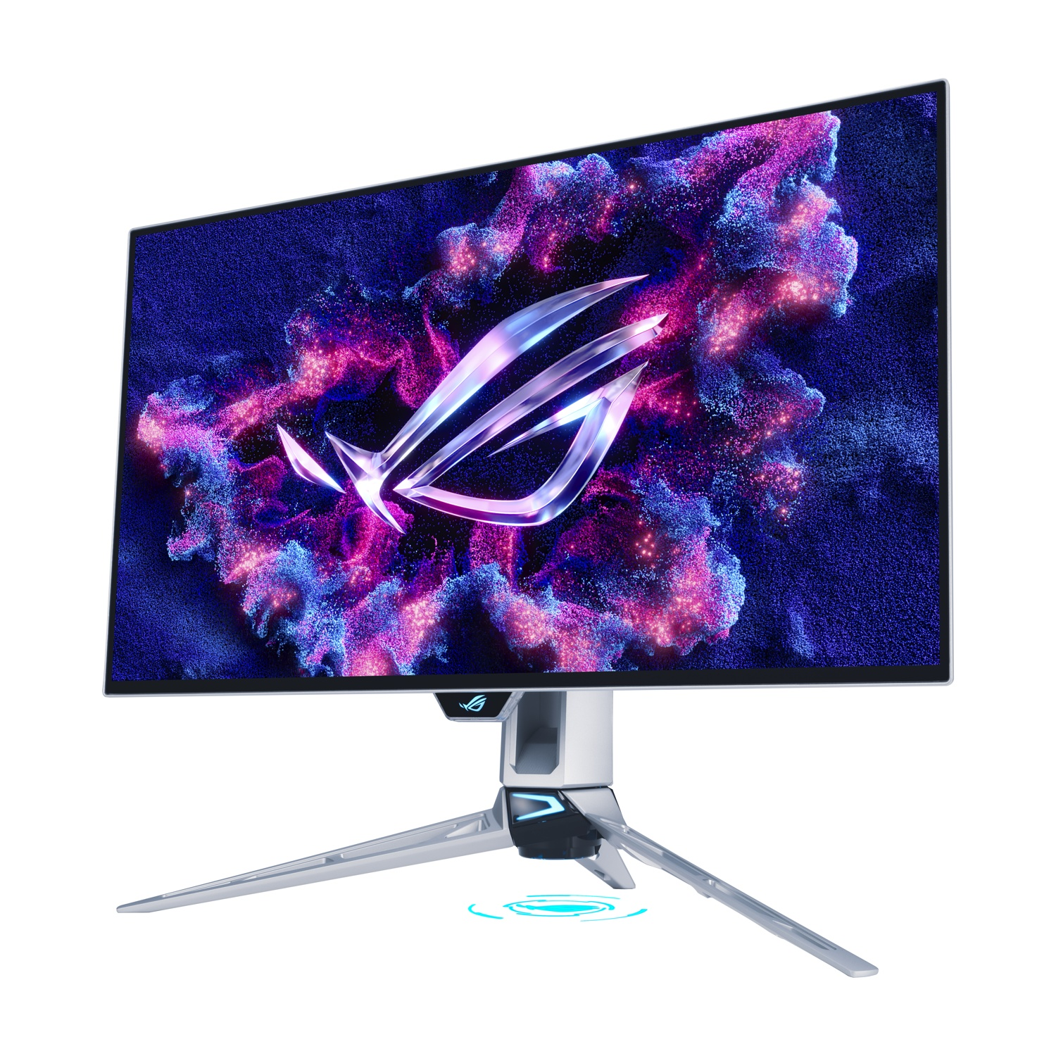 Un monitor gaming moderno con sfondo astratto colorato e supporto argentato.