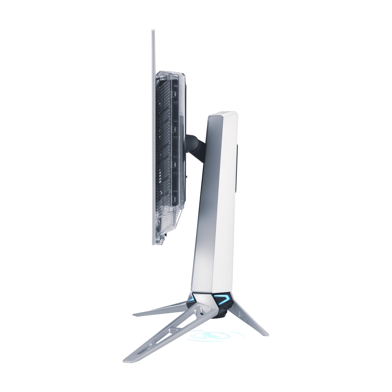 Un monitor per computer argentato con scocca trasparente e supporto a tre gambe.
