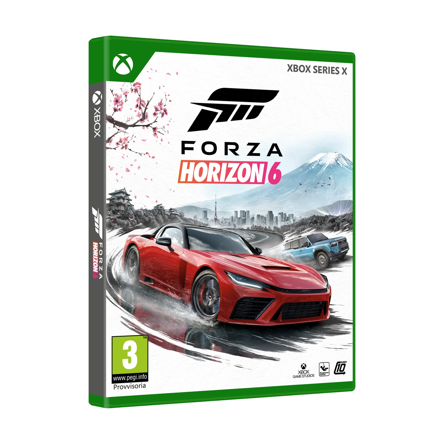 Copertina gioco Xbox Series X: Forza Horizon 6, auto rossa, SUV blu, montagne, fiori di ciliegio.