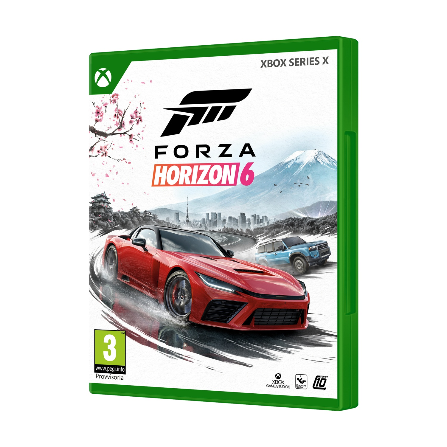 Custodia Xbox Series X Forza Horizon 6 con auto rosse e blu, fiori di ciliegio e montagna.