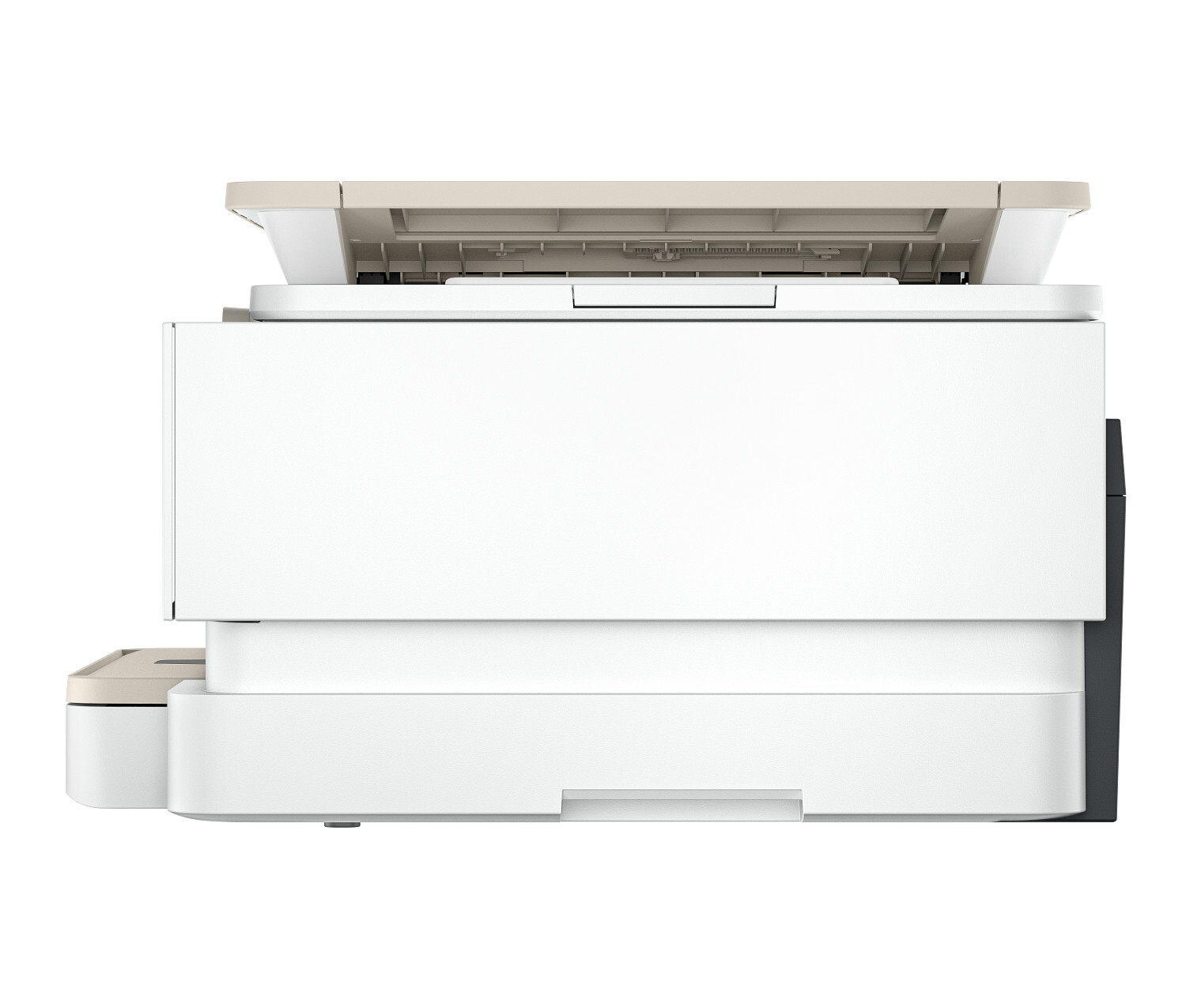 Una impresora blanca con detalles beige sobre fondo blanco.
