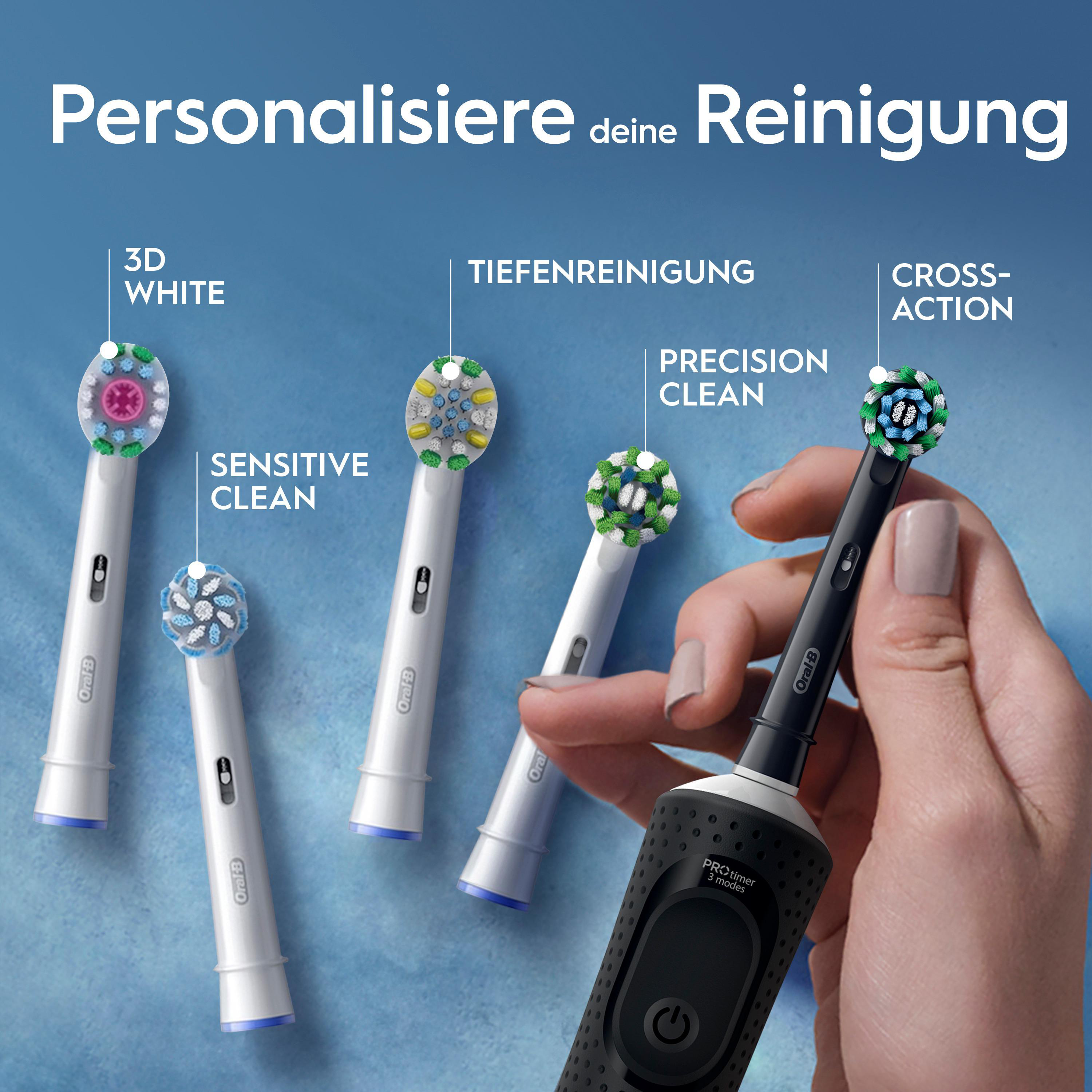 Hand hält elektrische Zahnbürste mit 4 Aufsätzen: 3D White, Sensitive, Tiefenreinigung, Präzision.