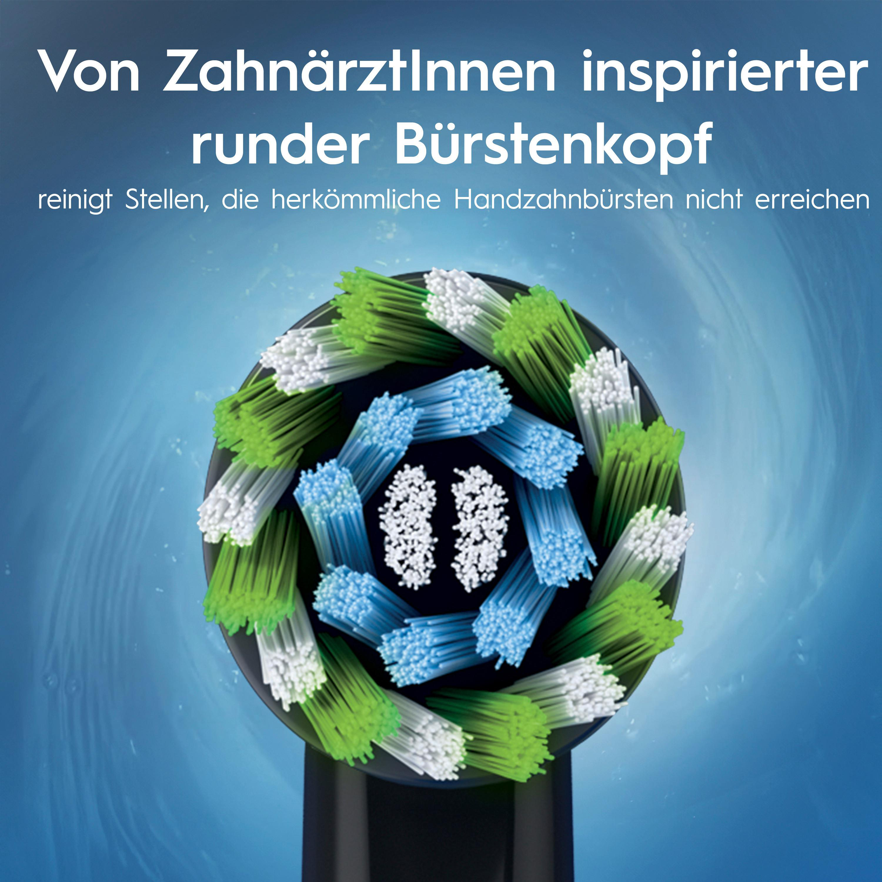 Runder Bürstenkopf mit grünen, blauen und weißen Borsten auf blauem Hintergrund.