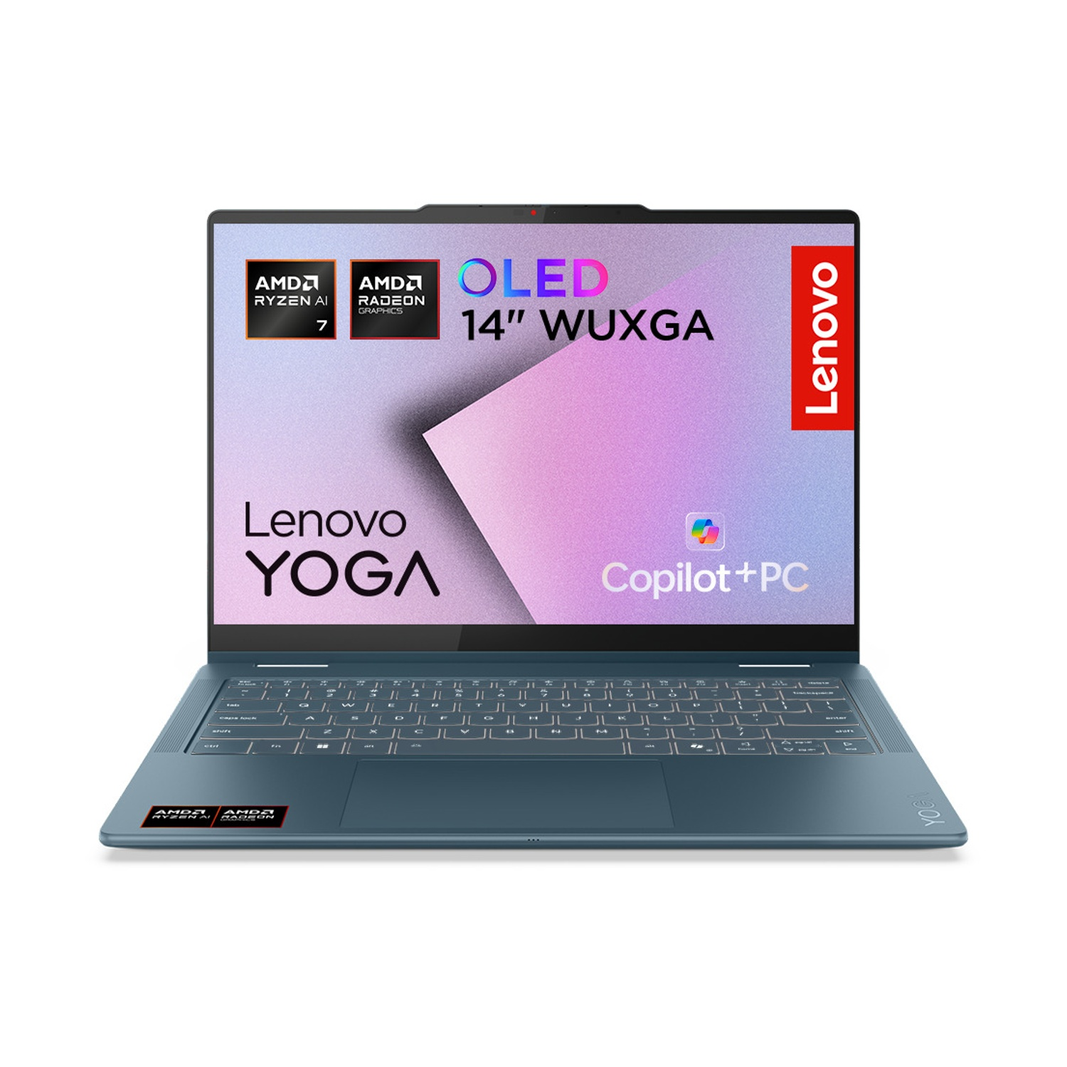 Un laptop blu Lenovo Yoga con AMD Ryzen AI 7 e grafica Radeon.
