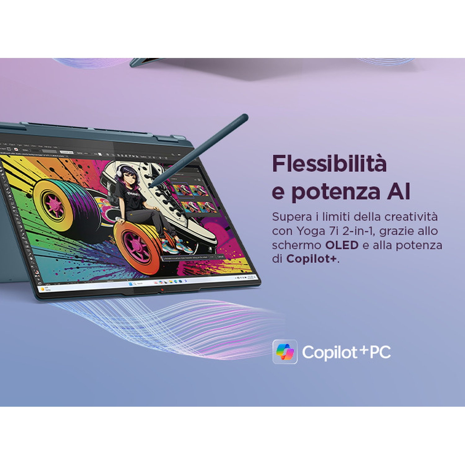 Un laptop mostra un design artistico AI colorato. Sotto c'è Copilot+PC.