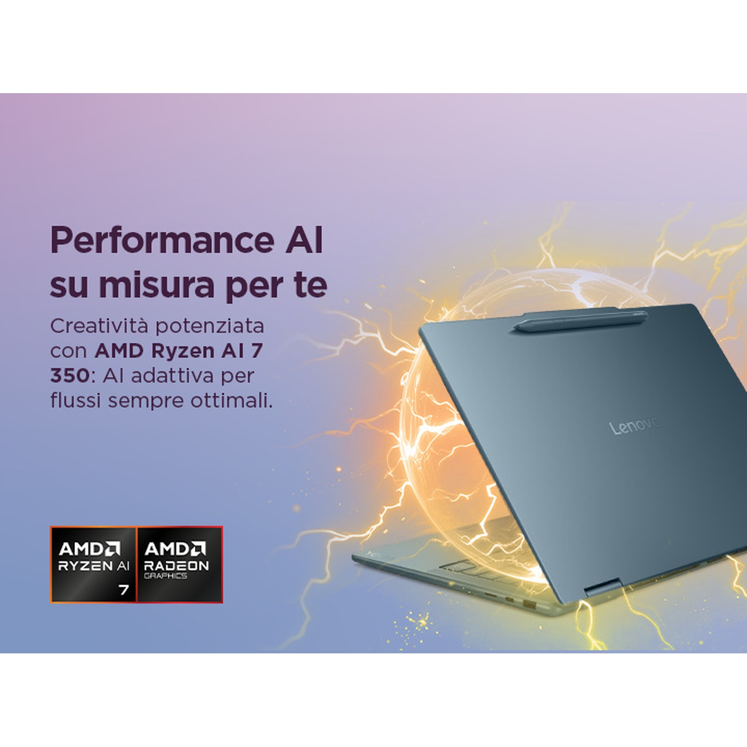 Un laptop blu con AMD Ryzen AI 7 e grafica Radeon, circondato da luce elettrica.