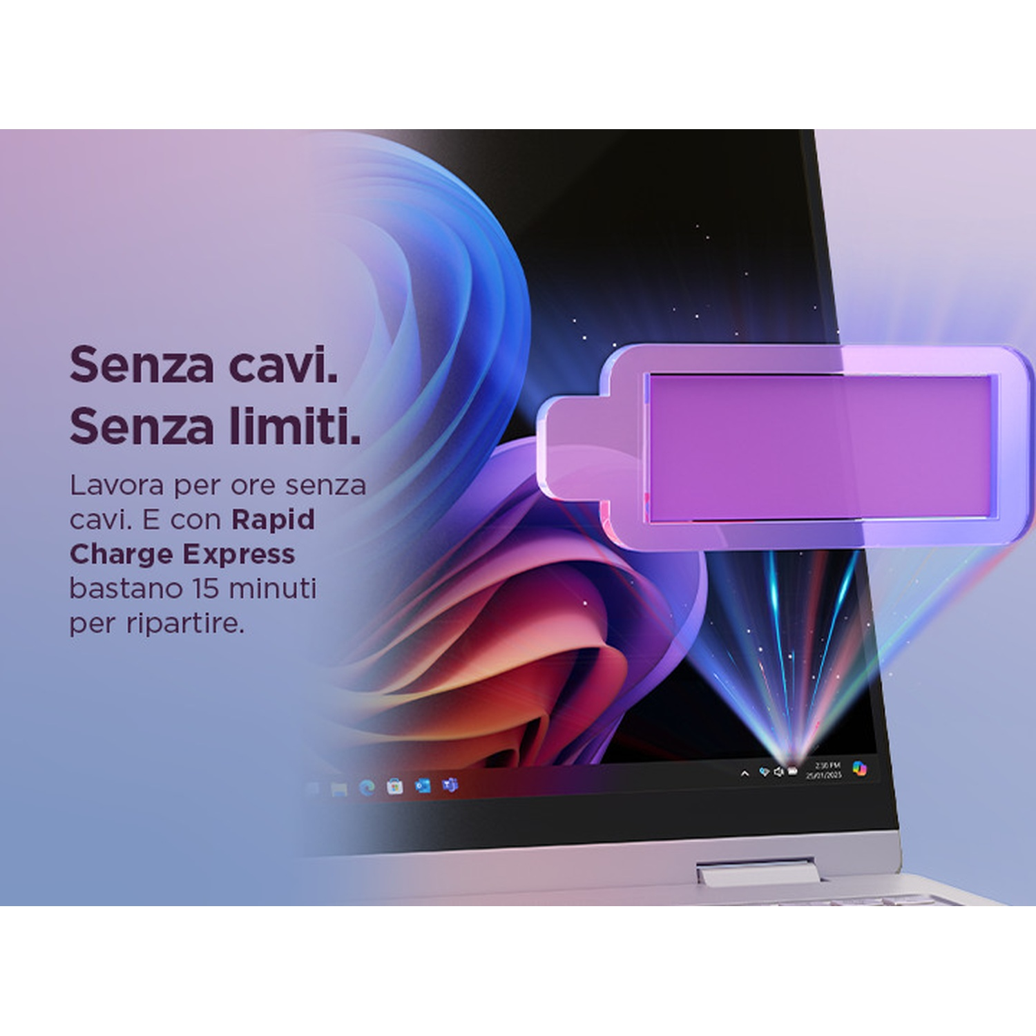 Laptop con icona batteria viola e testo: "Senza cavi. Senza limiti."