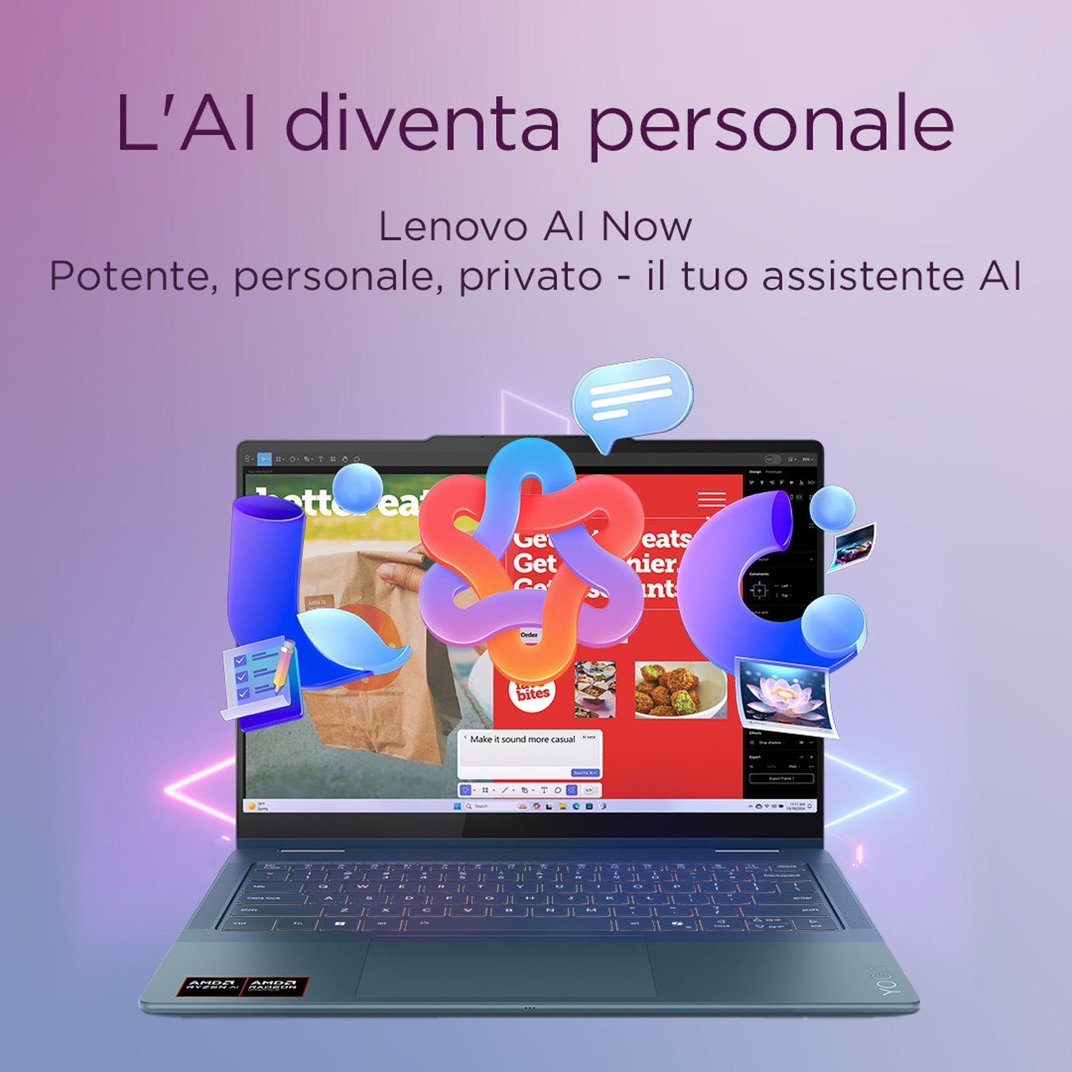 Laptop con interfaccia AI ed elementi 3D colorati. Testo: L'AI diventa personale.