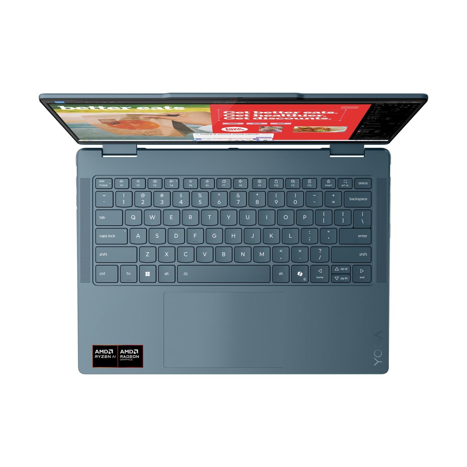 Un laptop blu con lo schermo aperto, che mostra un sito web. Tastiera e touchpad sono visibili.