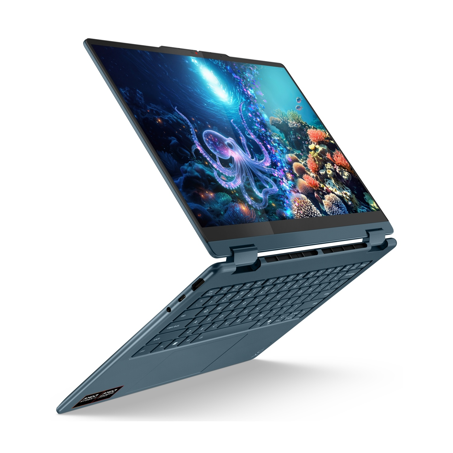 Un laptop blu con uno schermo subacqueo con un polpo.