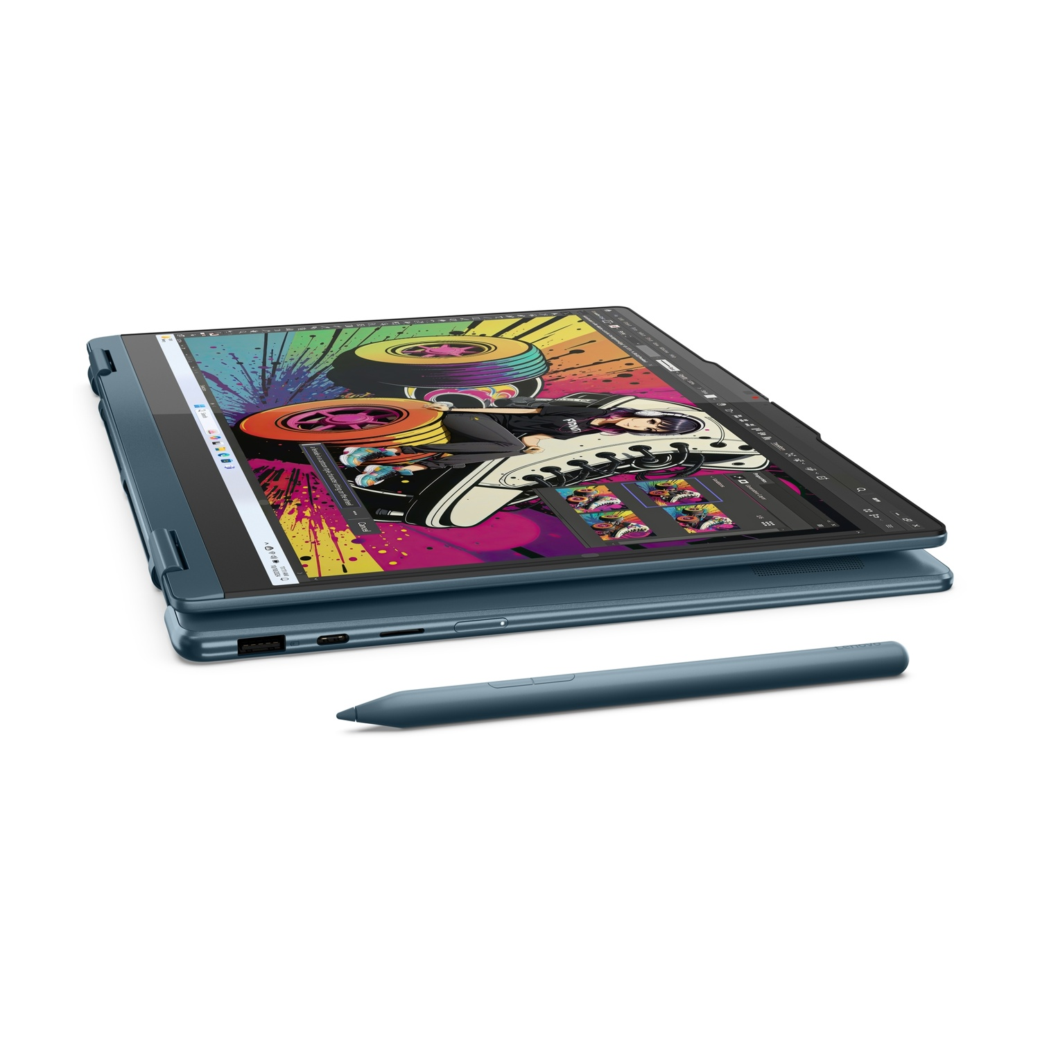 Un laptop blu con una penna accanto. Lo schermo mostra un design colorato.
