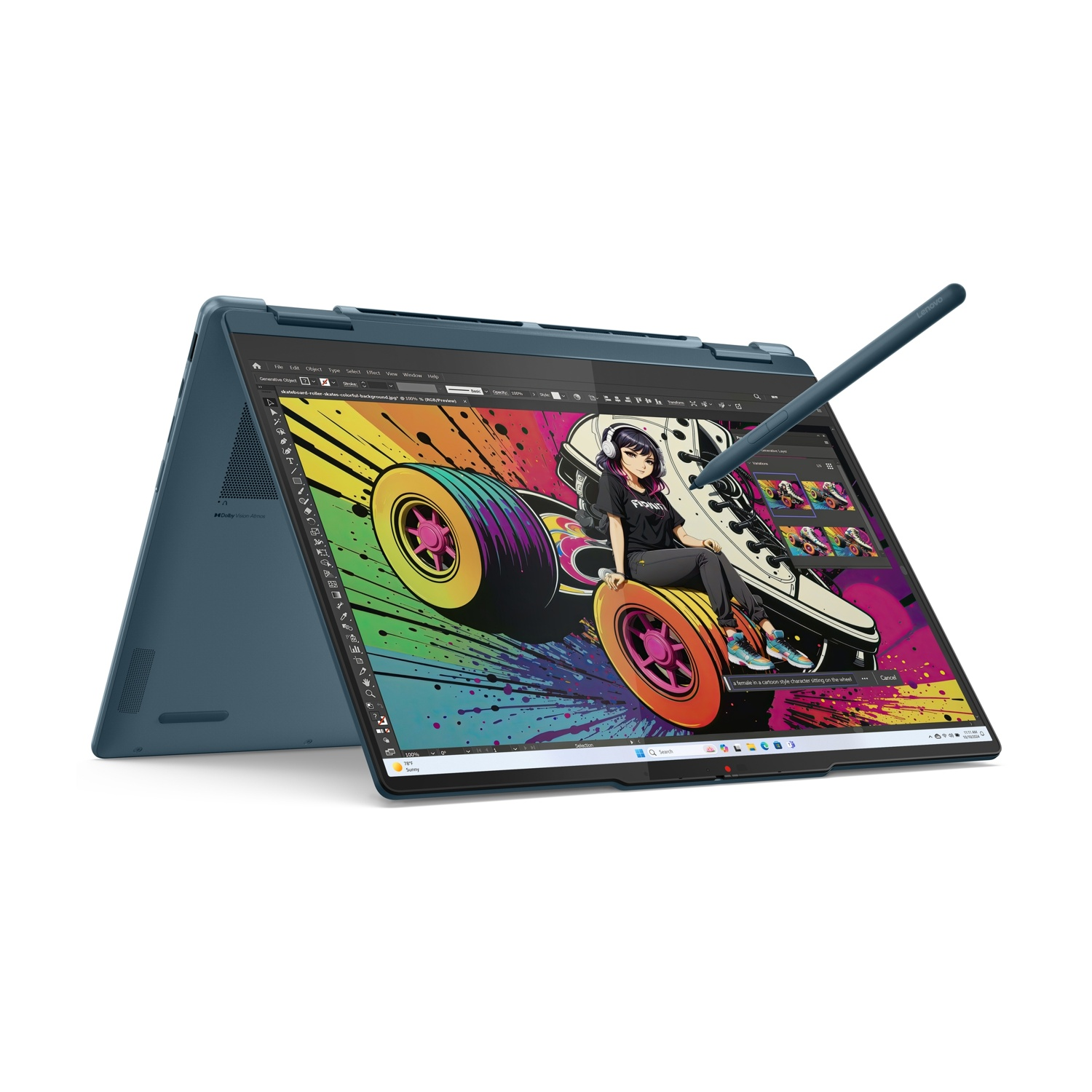 Un laptop blu con una penna digitale sul suo schermo che mostra una grafica colorata.