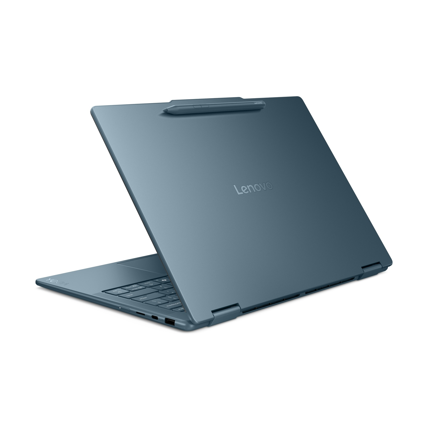 Un laptop Lenovo Yoga blu chiuso con una penna sul coperchio.