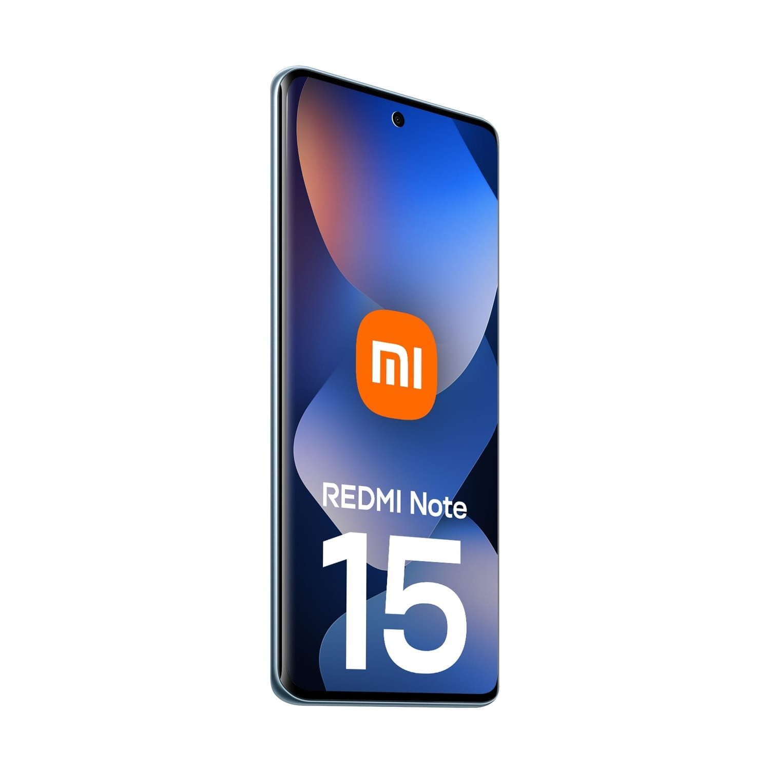 Uno smartphone azzurro che mostra il logo Mi e "REDMI Note 15" sullo schermo.