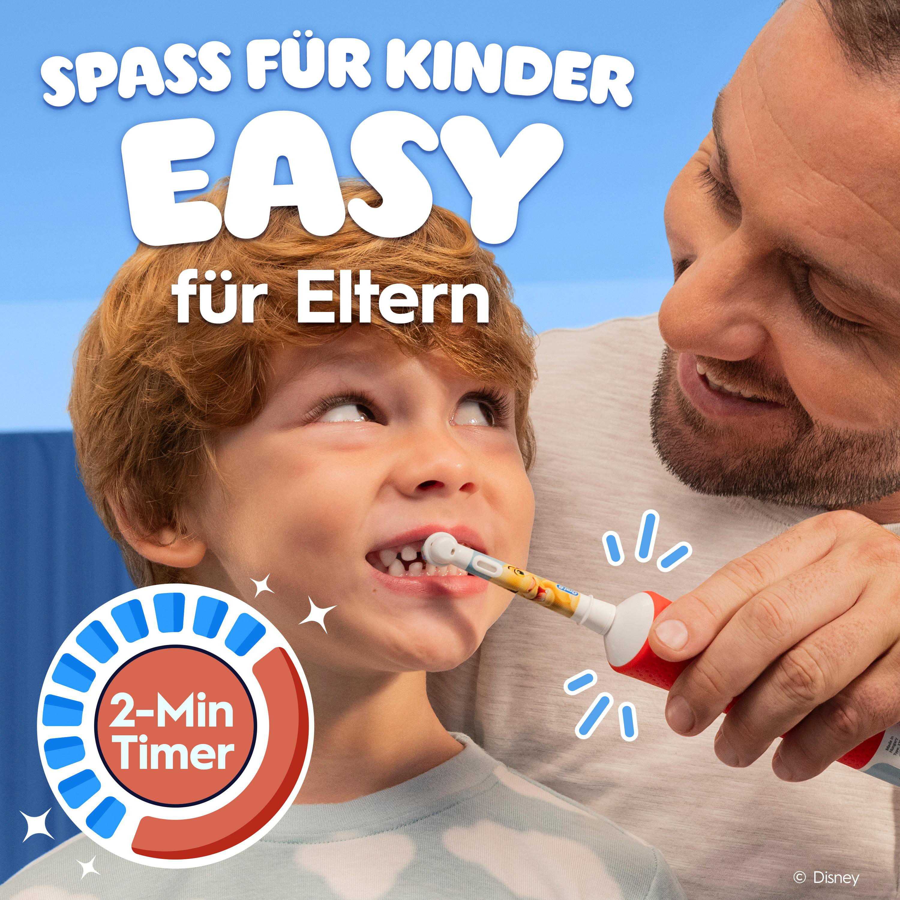Vater hilft Kind mit elektrischer Zahnbürste; 2-Min-Timer-Symbol.