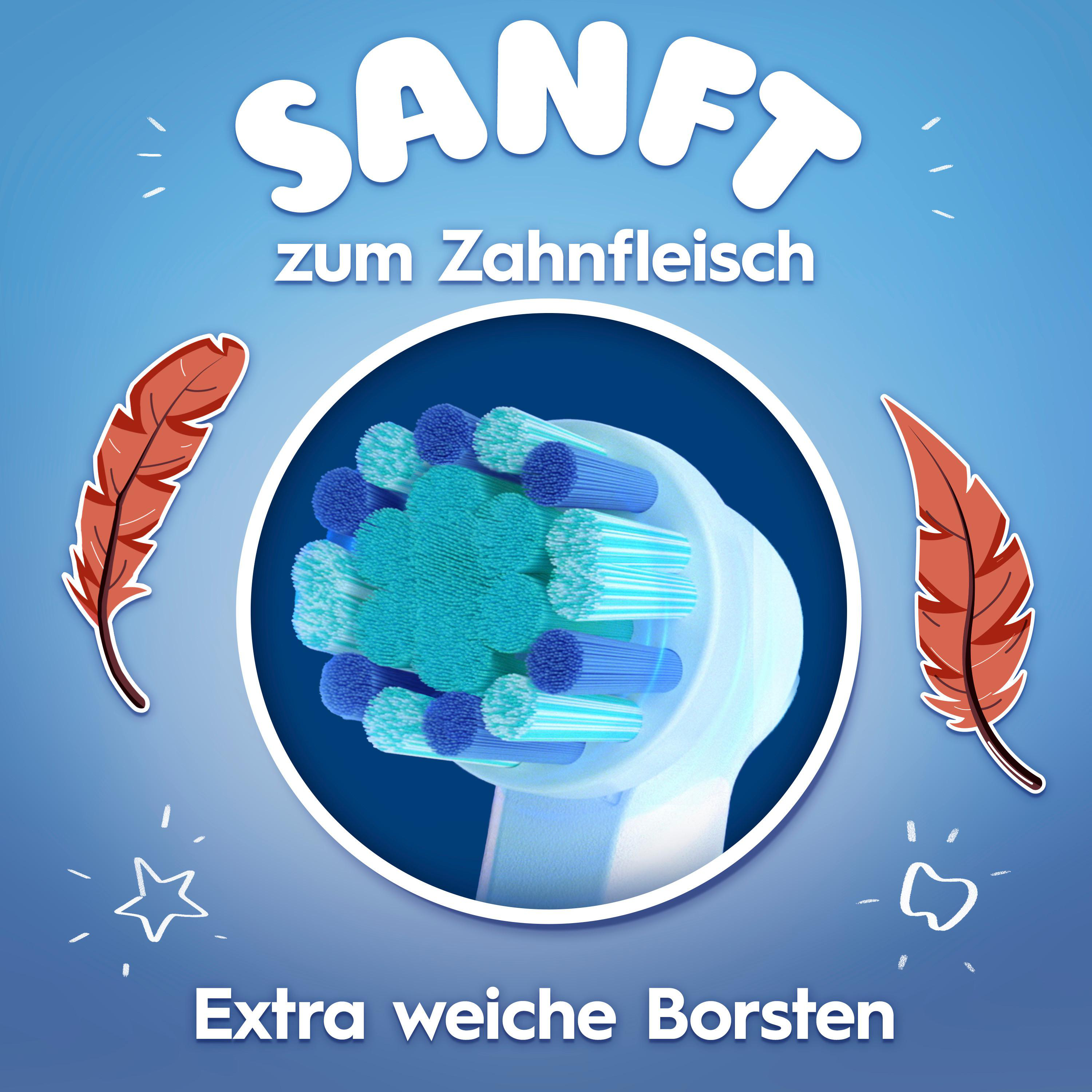 Nahaufnahme eines Bürstenkopfes mit blauen und türkisen Borsten sowie Federn.