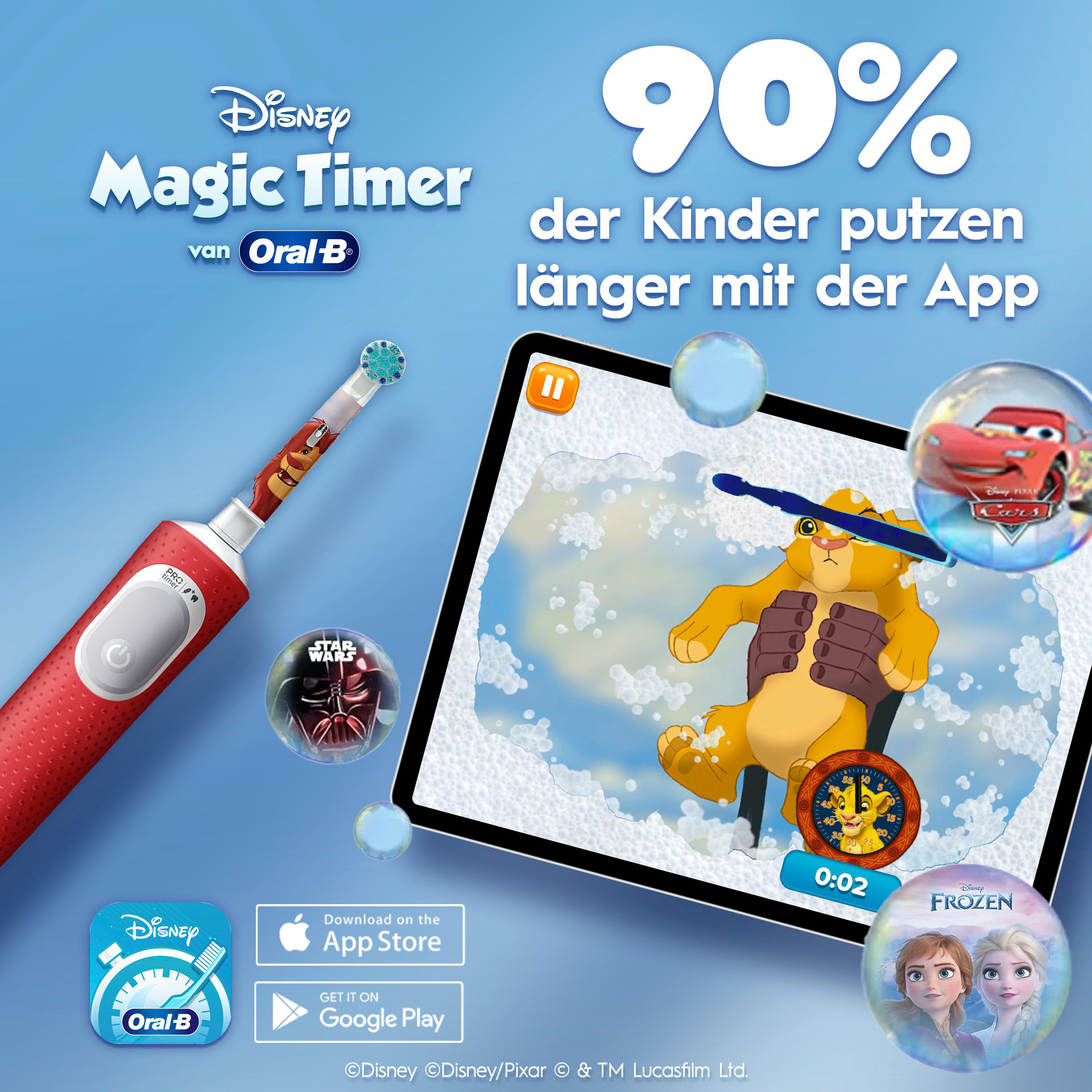 Oral-B Disney Magic Timer mit Simba, Lightning McQueen und Frozen-Figuren.