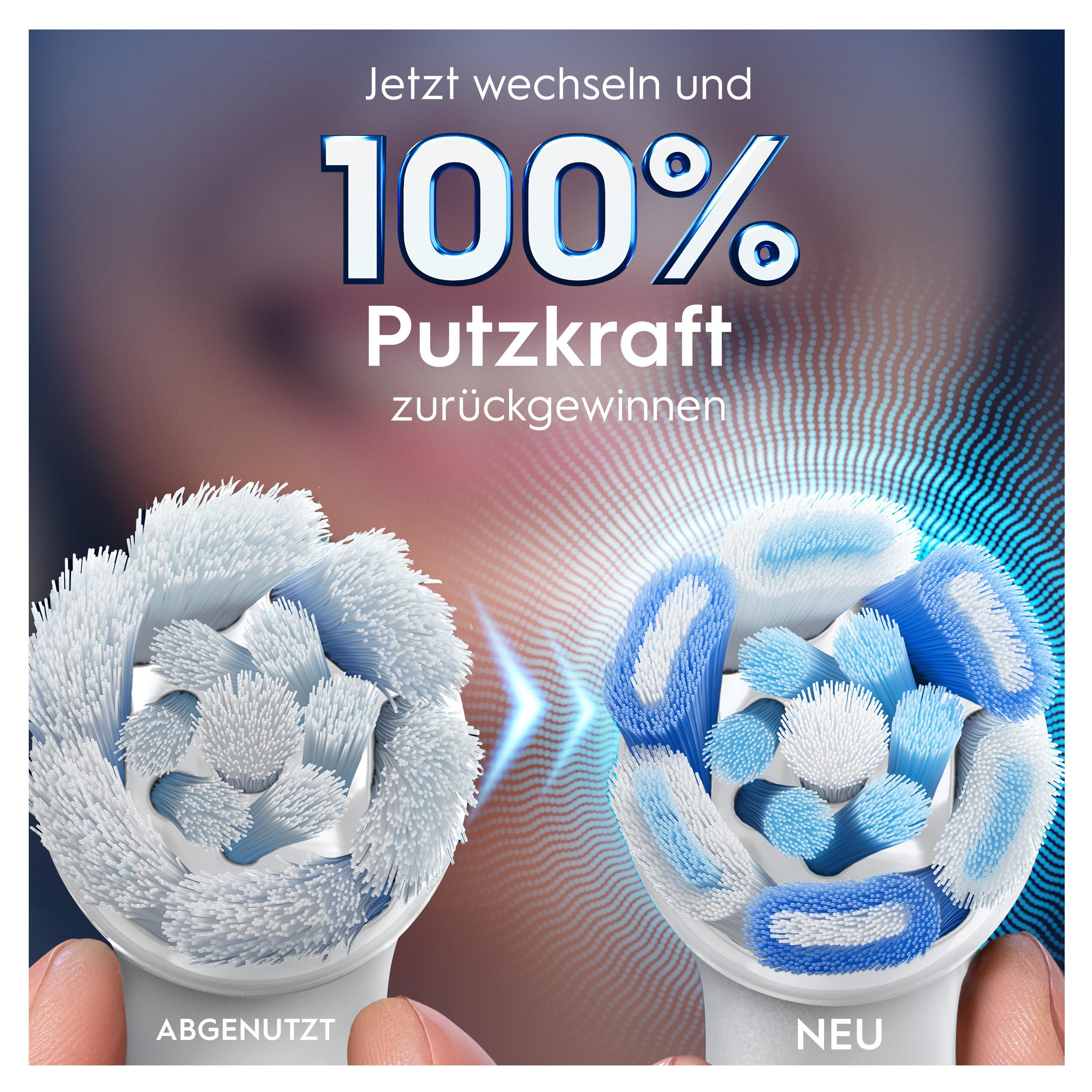 Abgenutzter und neuer Bürstenkopf im Vergleich mit 100% Putzkraft.