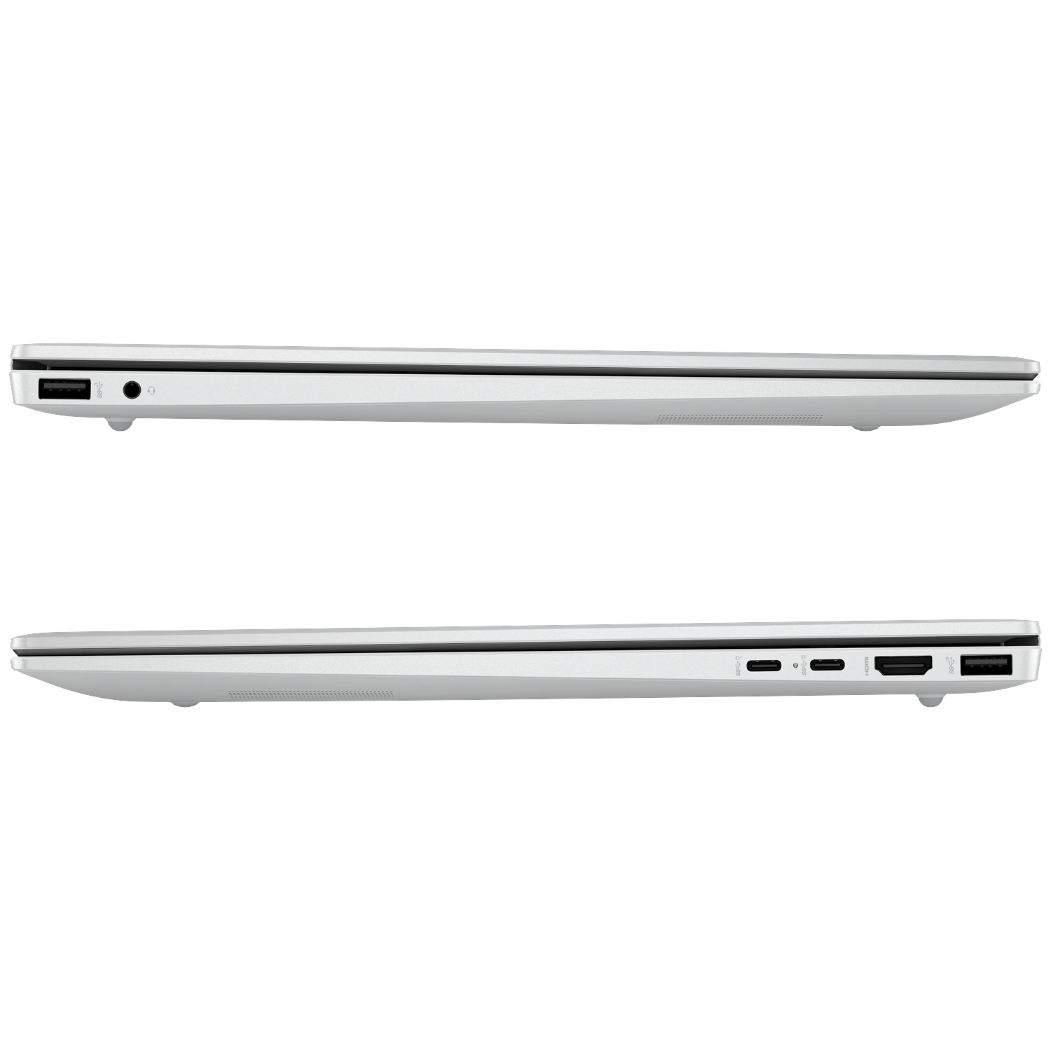 Zijaanzicht witte laptop: Links USB, koptelefoonaansluiting. Rechts HDMI, USB-C, USB-A.