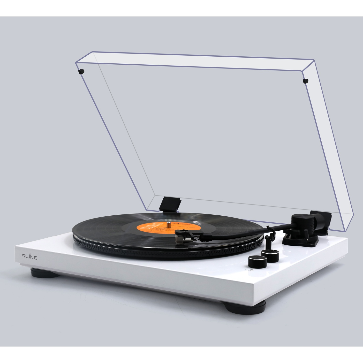 Un giradischi bianco con un disco in vinile e il coperchio aperto.