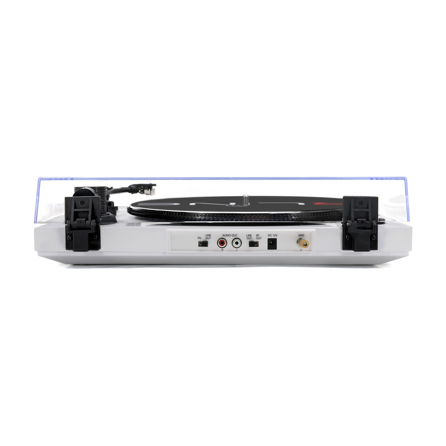 Giradischi bianco con braccio, piatto nero e coperchio trasparente. Porte posteriori visibili.