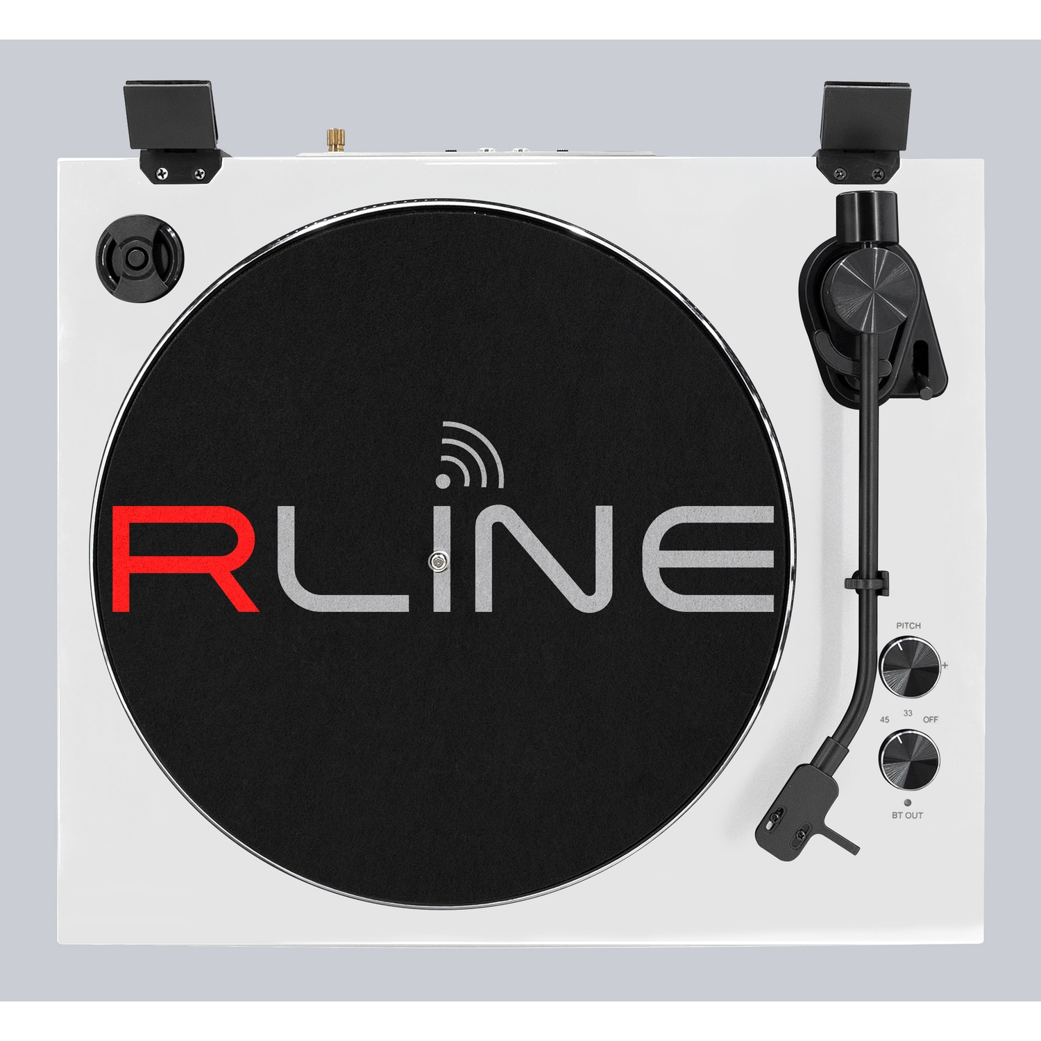 Giradischi bianco con logo RLine nero e accenti argentati. Presenta controlli di pitch e velocità.