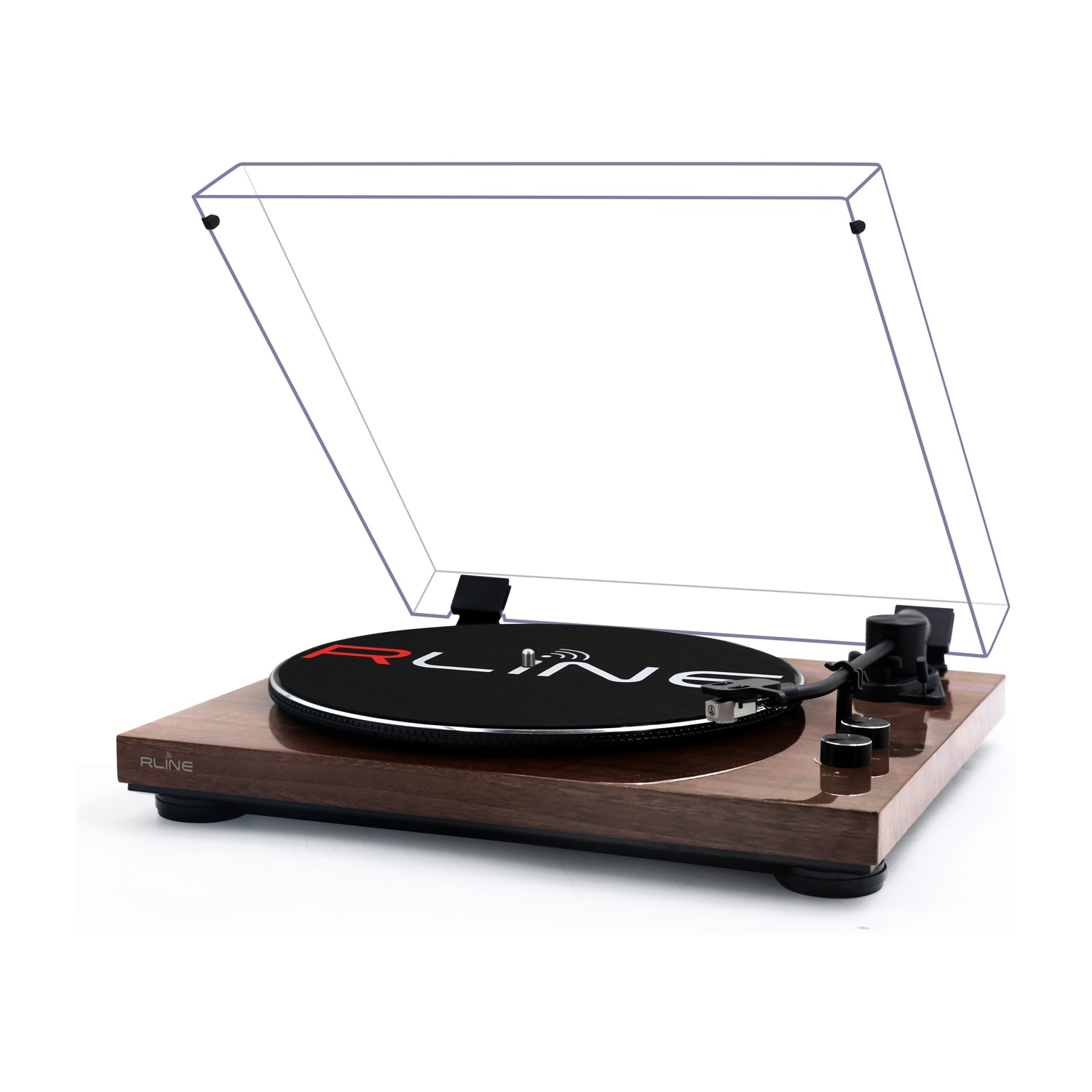 Un giradischi con finitura in legno e coperchio trasparente.